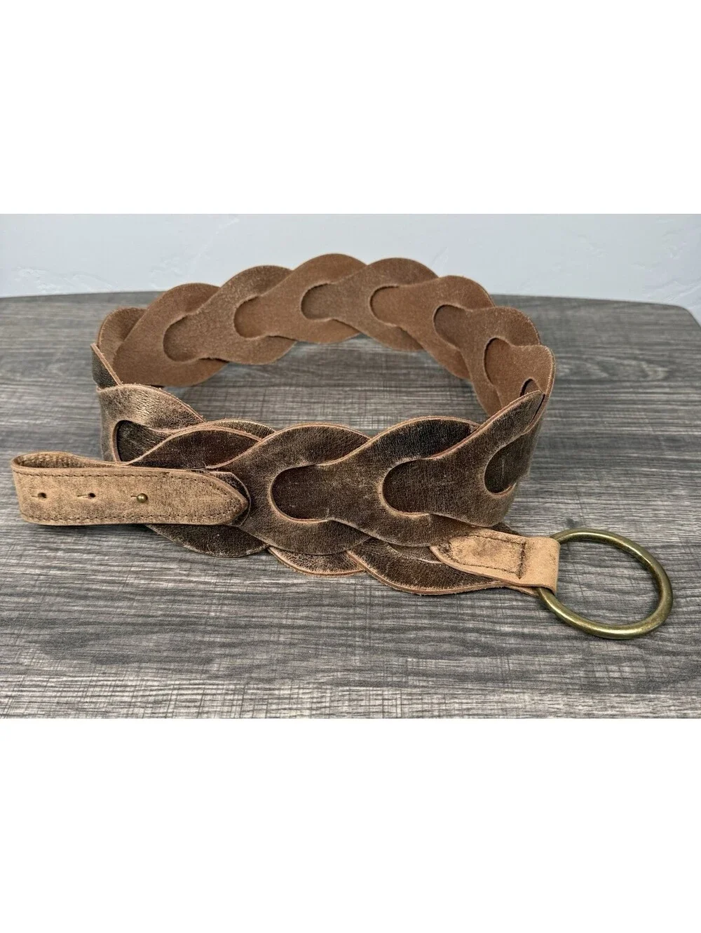 Old Navy Women’s Genuine Leather Braided Belt L/XL Brown Bronze O Ring Y2K 2006